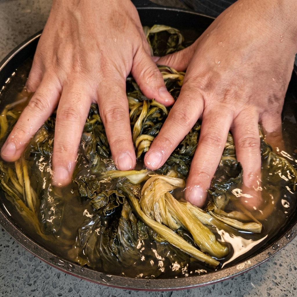 水を入れた鍋の中で、黒っぽい干し菜っ葉を手で揉み込んでいる様子。