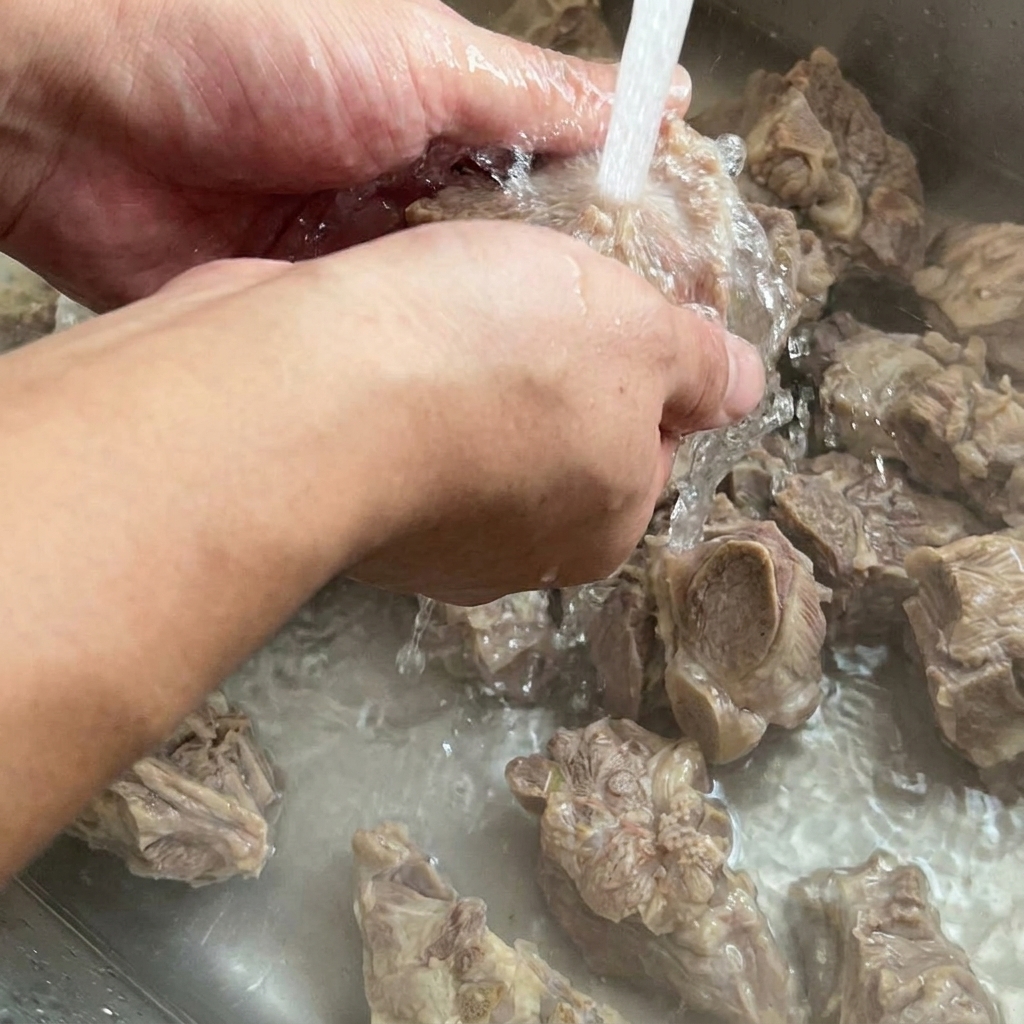ステンレス製のシンクで、下茹でした豚骨を流水で洗い流している様子。
