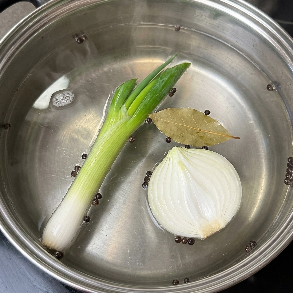 煮立っている豚骨スープに、茶色い韓国味噌（テンジャン）をスプーンで溶かし入れている様子。