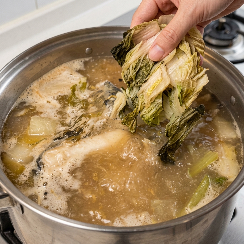 食べやすく切った戻し済みの干し菜っ葉を、沸騰したスープに入れている様子。