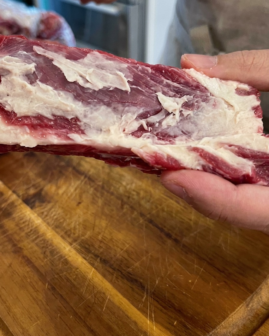 まな板の上で、サシが綺麗に入った骨付き牛カルビを両手で持っている様子。