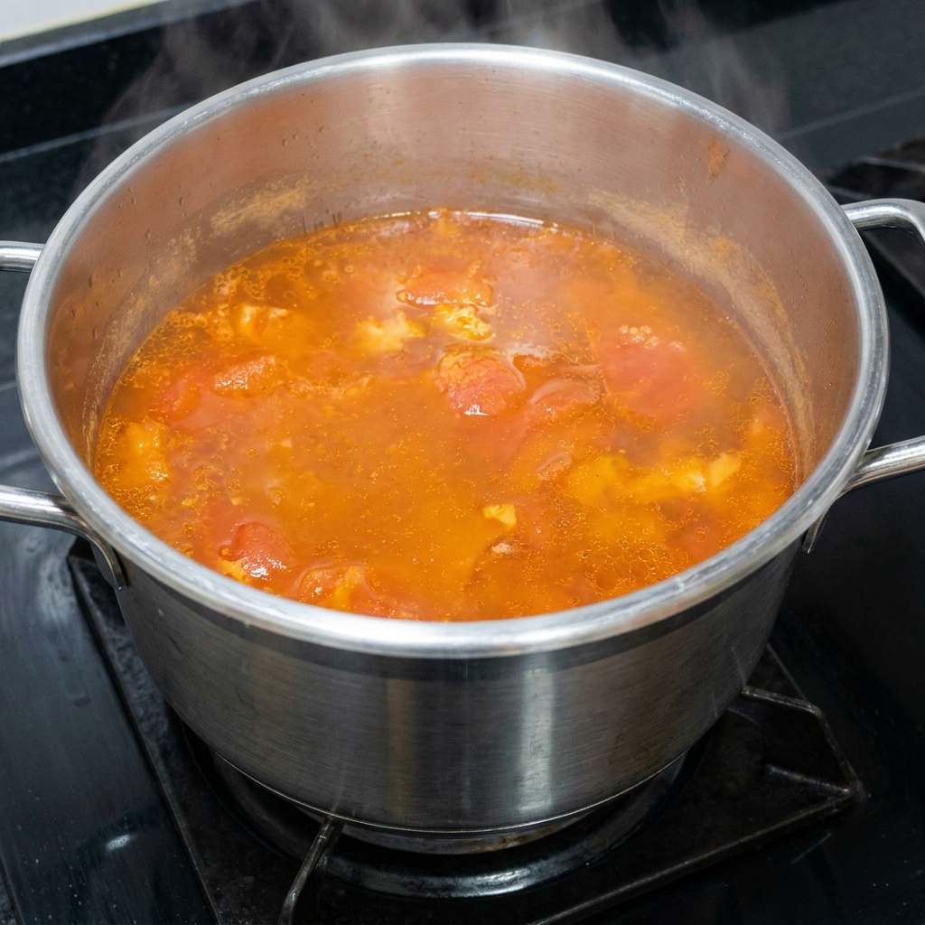 お玉で圧力鍋の中のトマトと牛スペアリブのスープをかき混ぜている様子。完成した濃厚な赤いスープ。