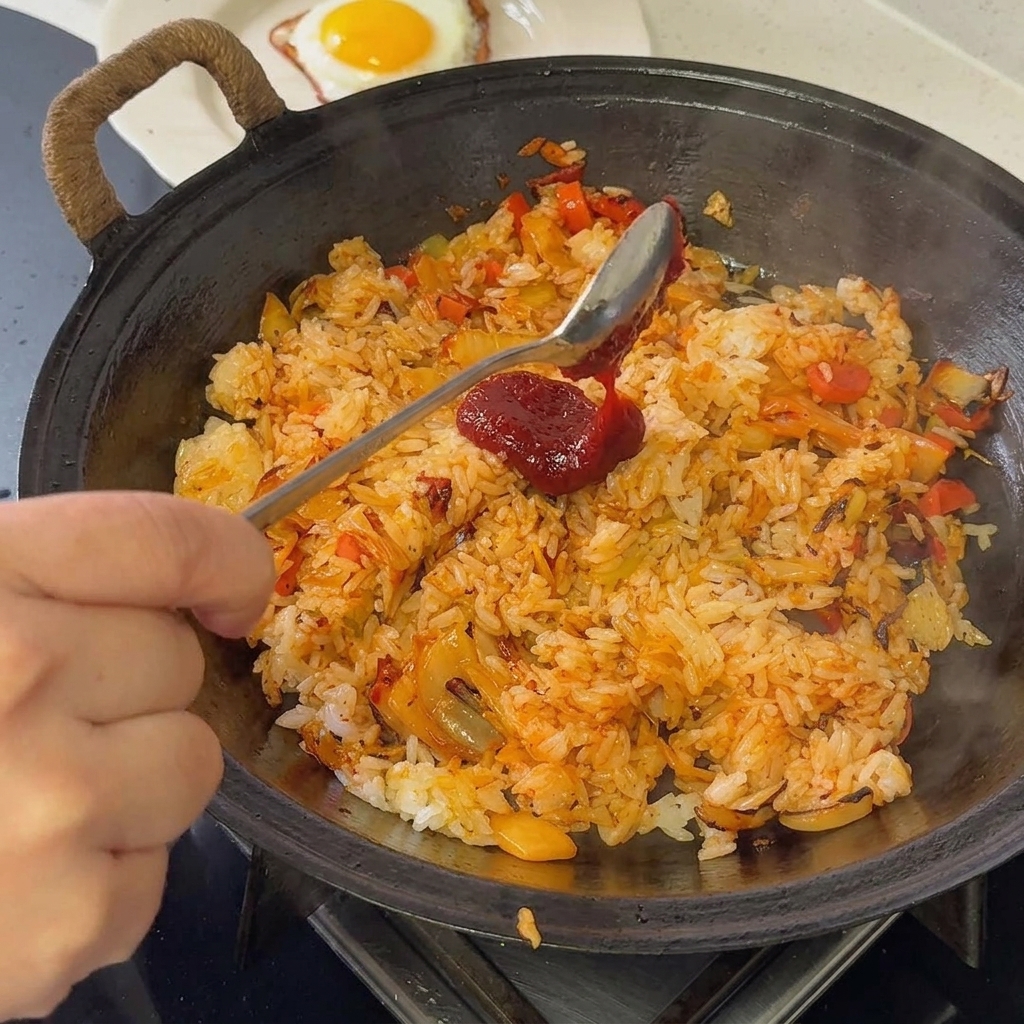 フライパンで炒めたご飯とキムチにコチュジャンをスプーンで加えている様子。
