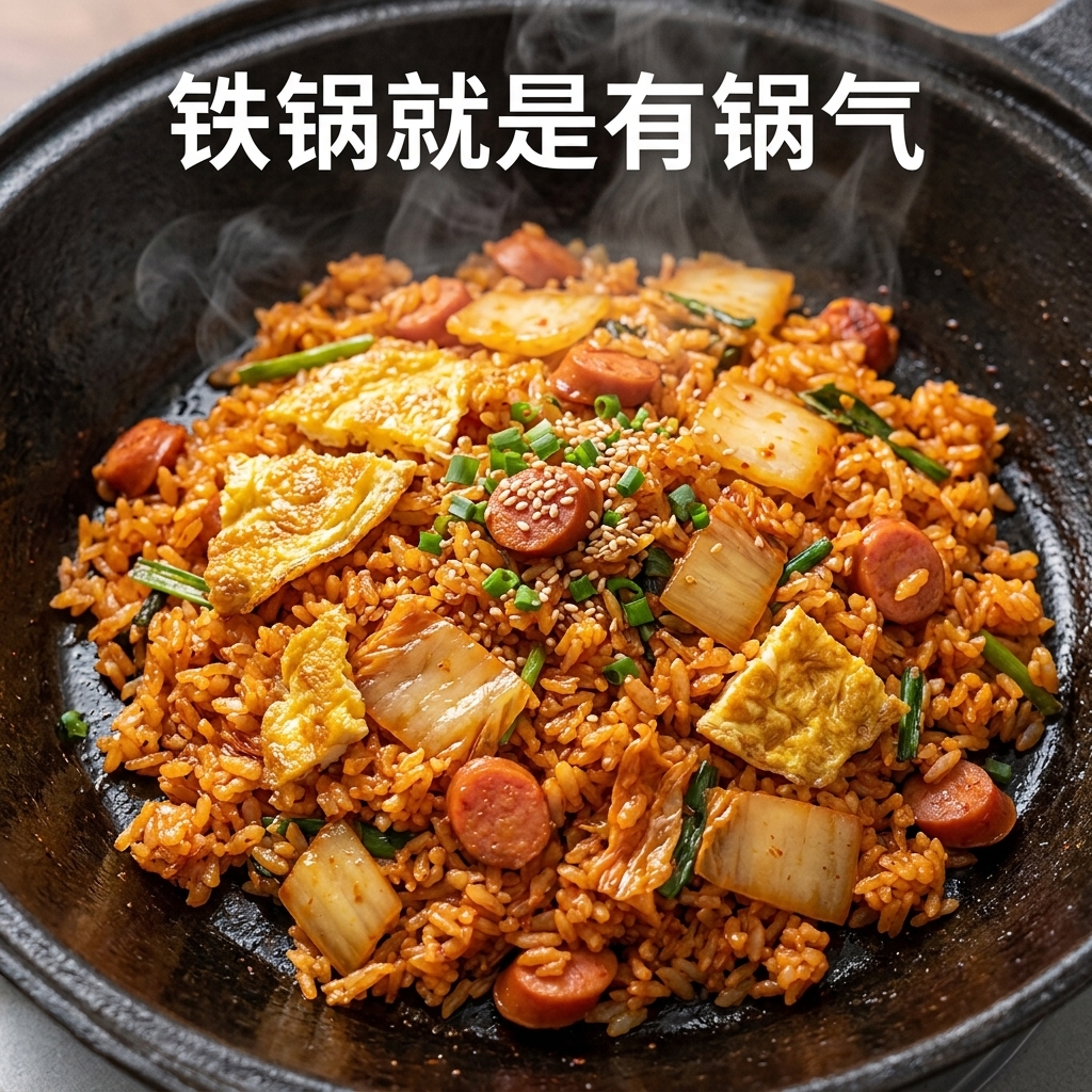 色鮮やかに味付けされたキムチチャーハンを、熱いフライパンの上でヘラを使って炒めている様子。