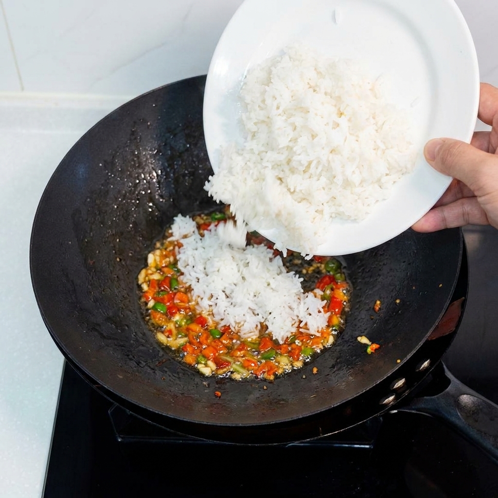 炒めた具材の中に炊いた白米を投入する様子。