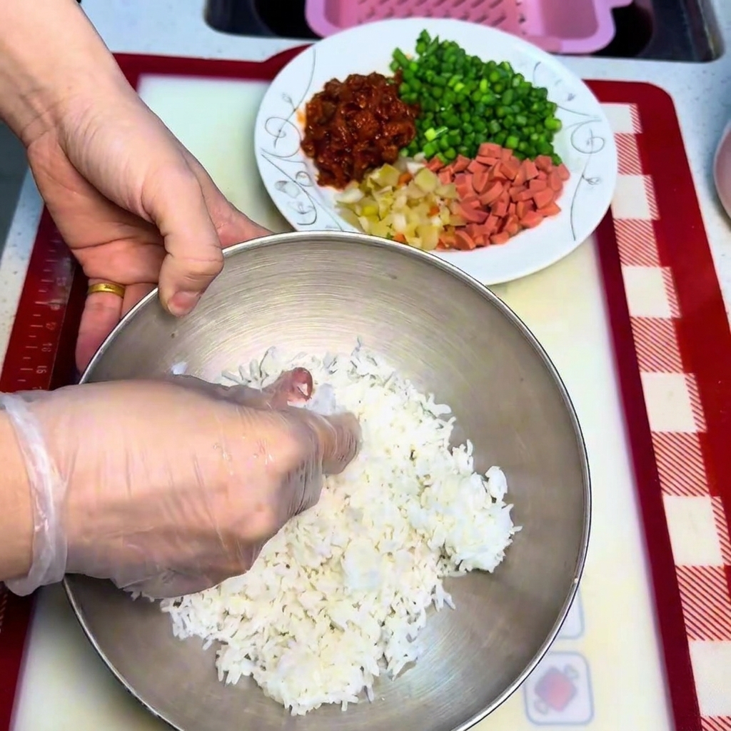 ボウルに入った冷やご飯を、手袋をした手で優しくほぐす様子。