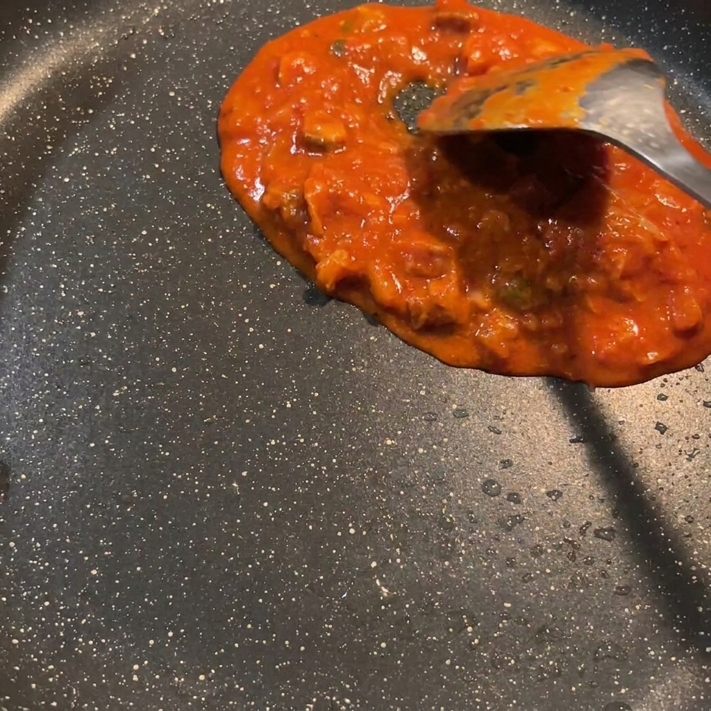 フライパンの中でスパムの脂と赤いソースが混ざり合っている様子。