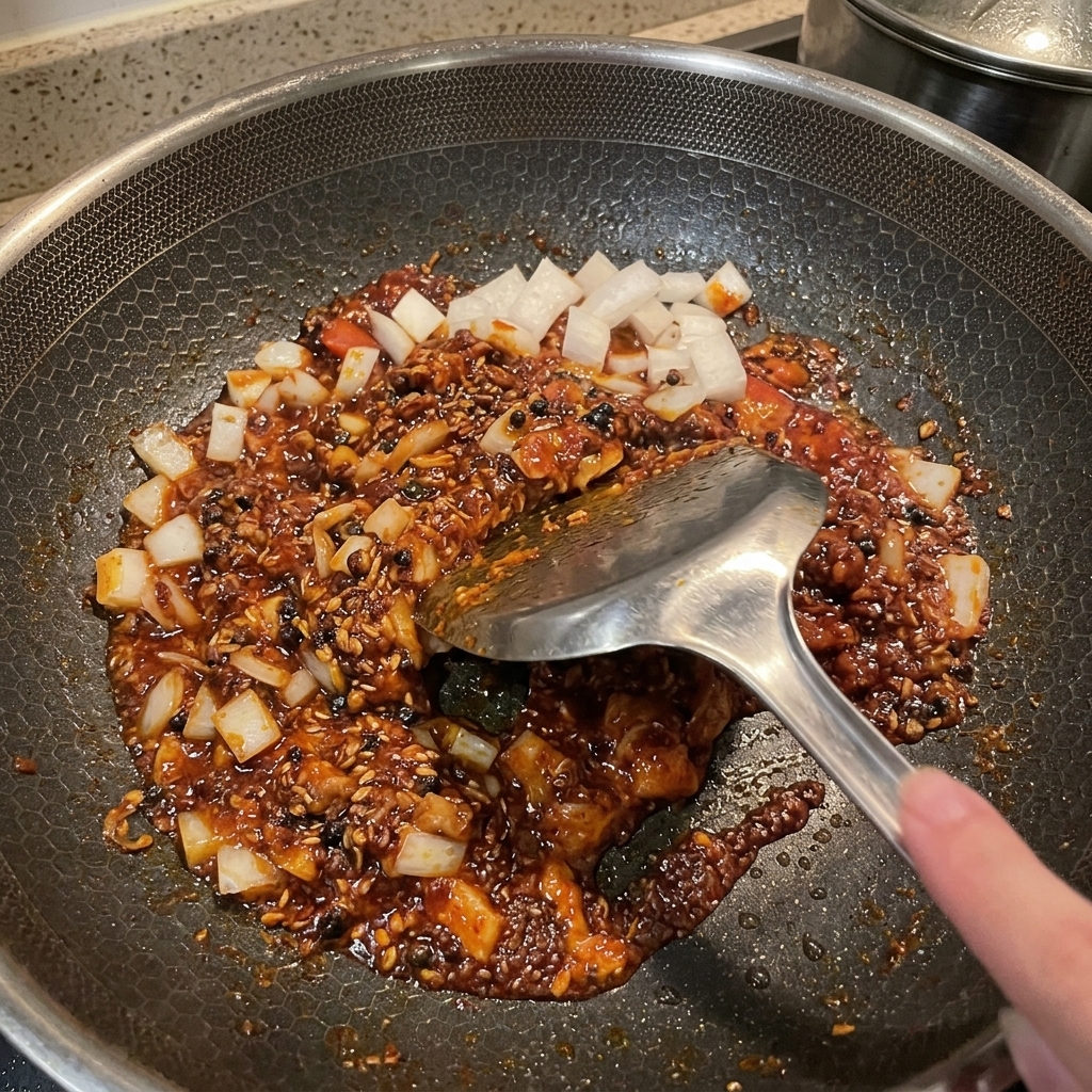 フライパンでスパムと玉ねぎをソースと混ぜ合わせている様子。