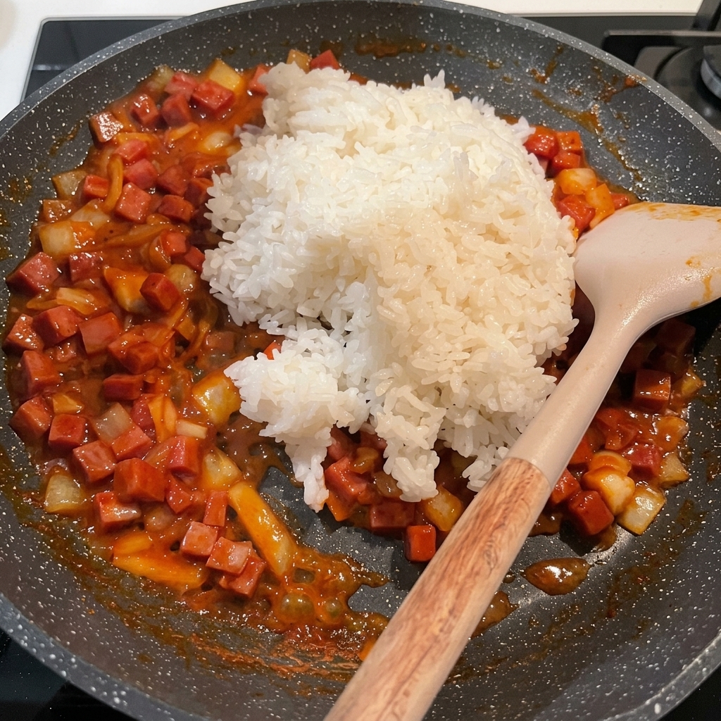 具材の上に冷やご飯を投入し、これから混ぜ合わせる直前の様子。