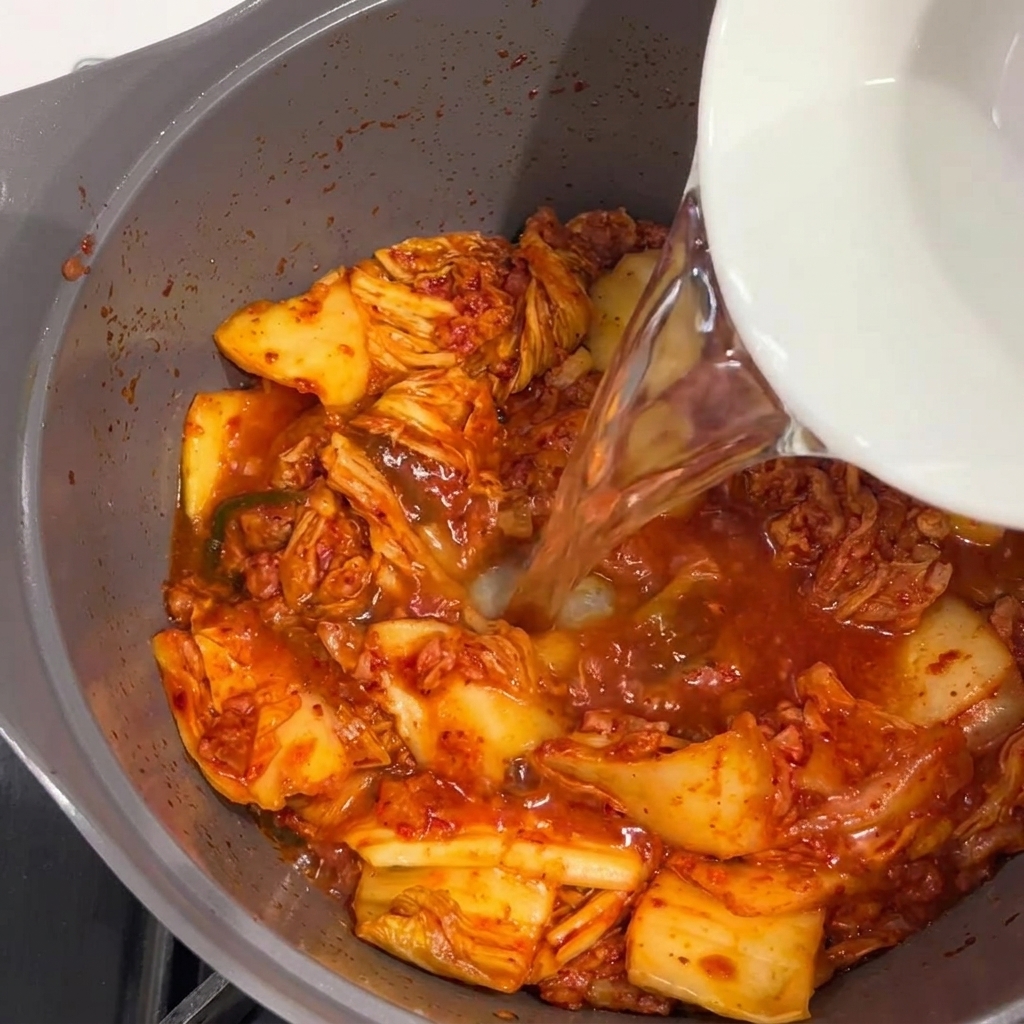 炒めたスパムとキムチの入った鍋に水を注いでいる様子。