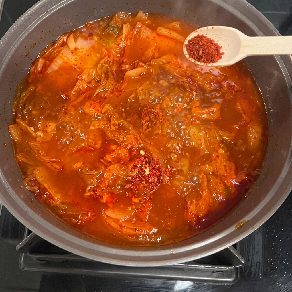 醤油と粉唐辛子をチゲに加えている様子。