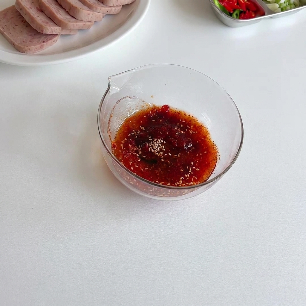 ガラスボウルに入った赤い調味料とコチュジャンに水を注ぐ様子