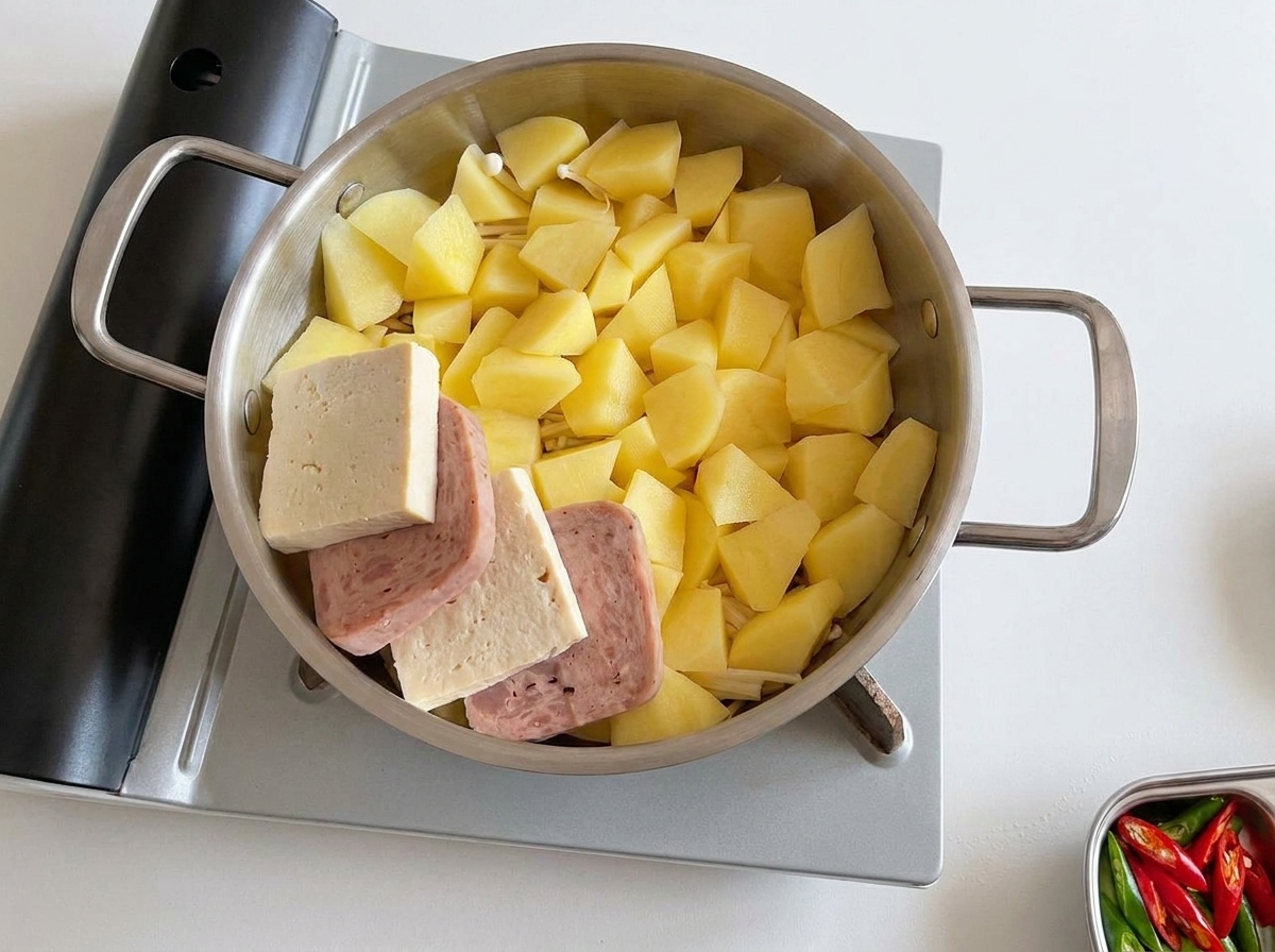 じゃがいもの上にスパムと豆腐を交互に円形に美しく並べた様子