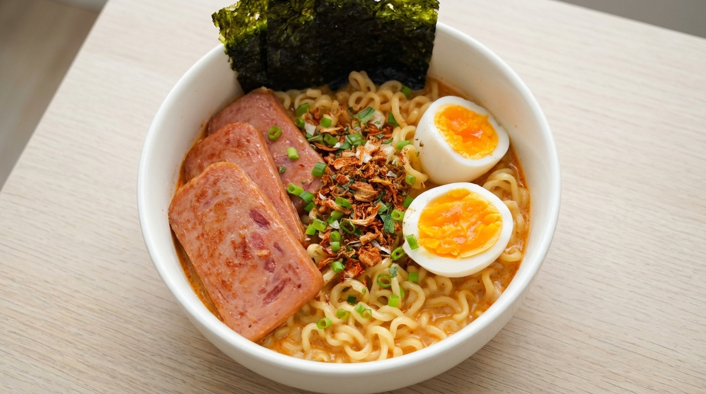 カリッと焼いたスパムと半熟卵をトッピングした、濃厚でクリーミーなピリ辛インスタントラーメン。