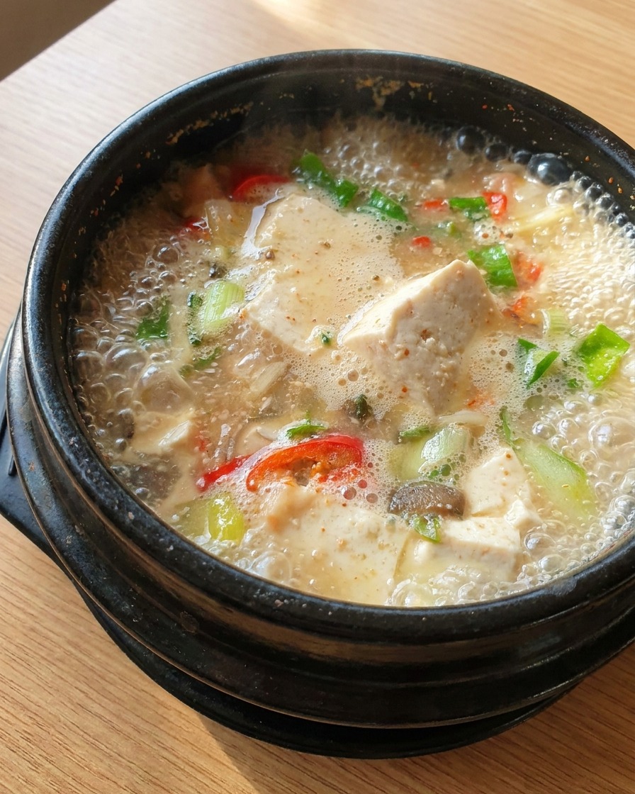 濃厚なテンジャンチゲの中で煮える絹ごし豆腐と唐辛子。