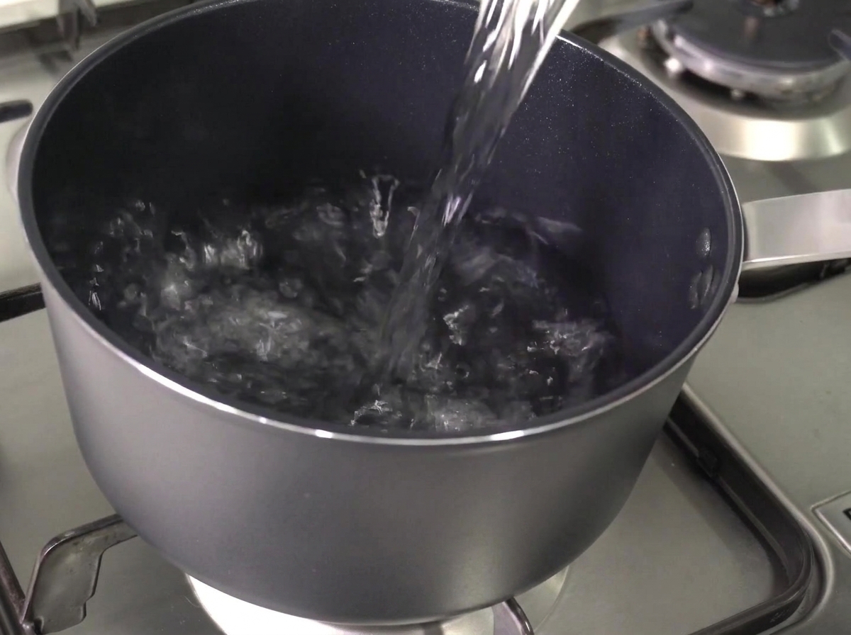 鍋に水を入れている様子。