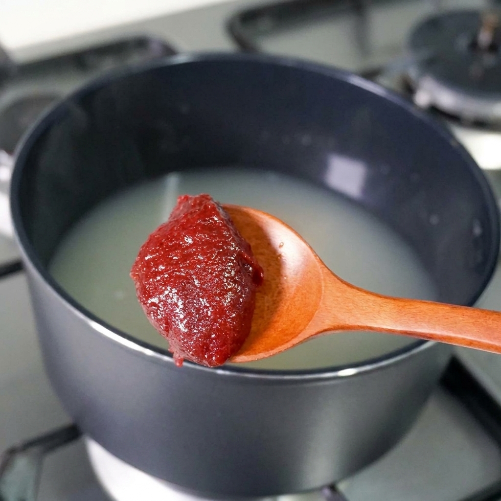 スプーンでコチュジャンを鍋に入れている様子。