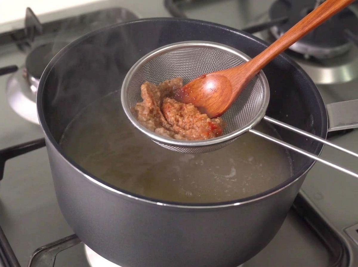スプーンを使ってスープの中で味噌を完全に溶かしている様子。