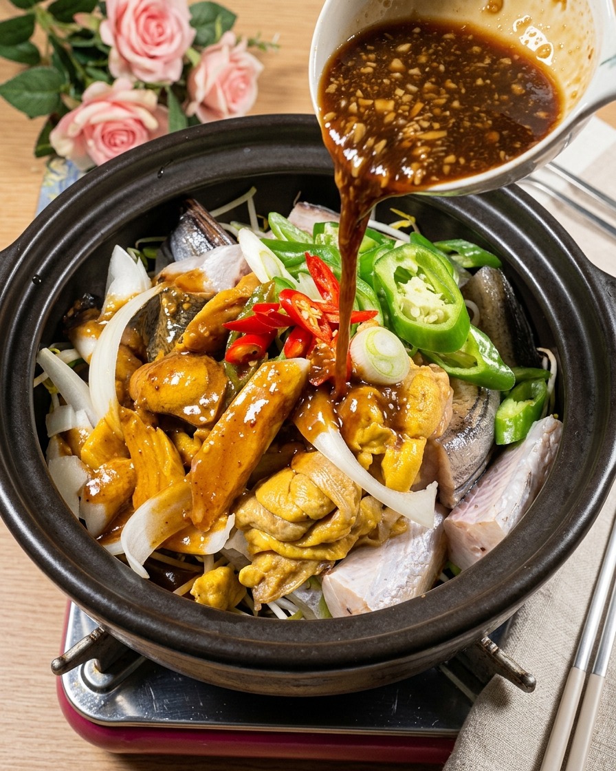 魚や野菜が入った土鍋の中央に、白いボウルから合わせ調味料を注ぎ入れている様子。