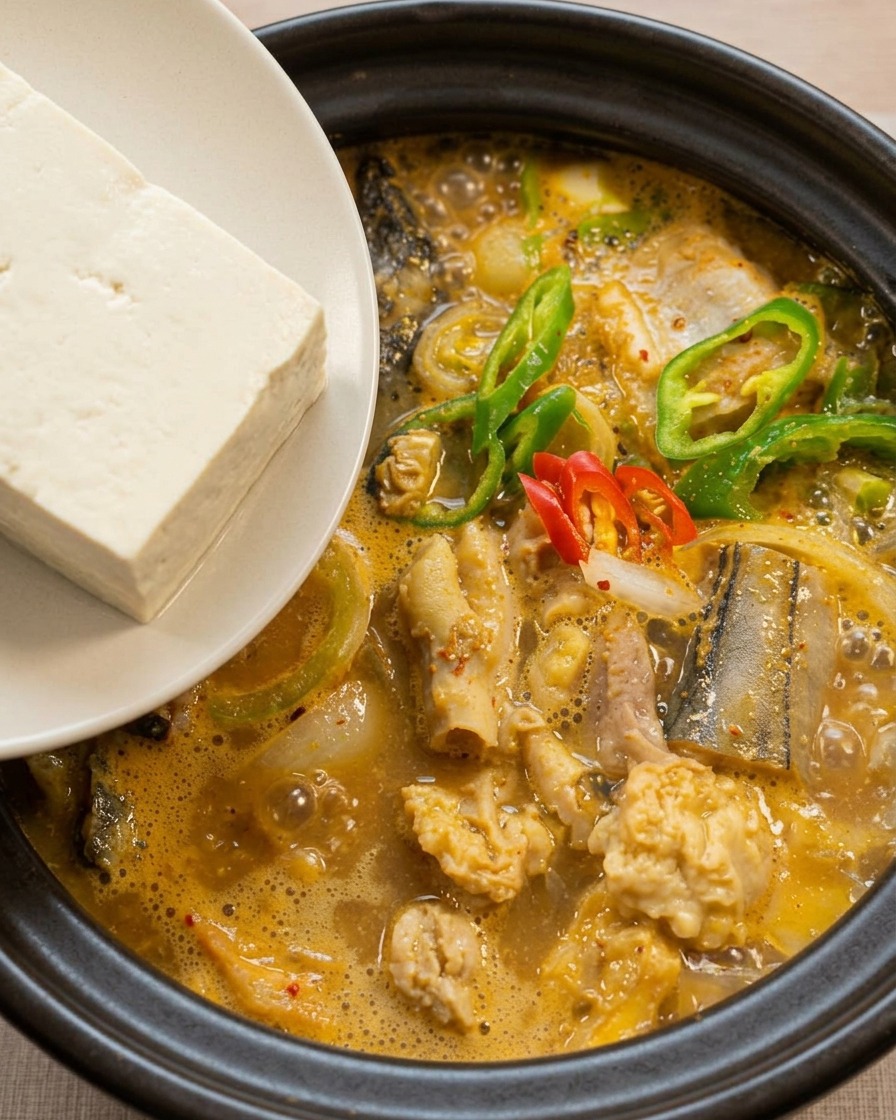 グツグツと煮立つ赤みを帯びた土鍋のスープに、厚切りの白い豆腐を手で入れている様子。