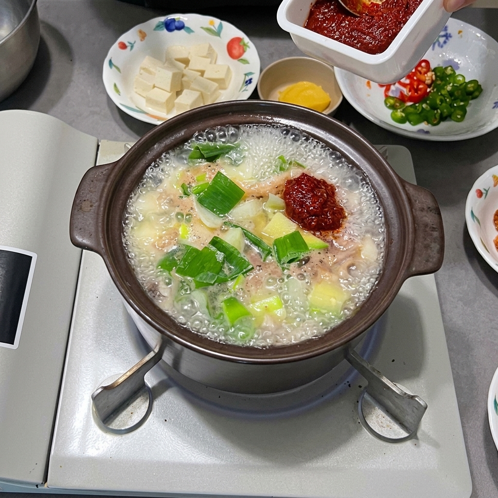 沸騰するスープにスプーンで粉唐辛子を加えるクローズアップ。
