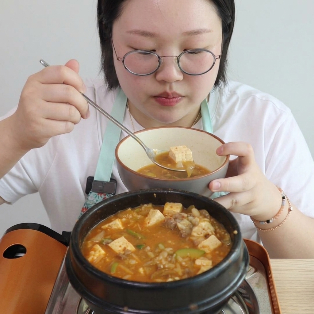 牛ダシダをスプーンで鍋に入れている様子。
