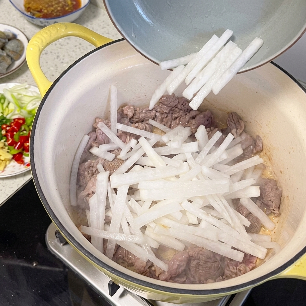 鍋の中で炒めた牛肉と一緒に混ぜ合わせられる大根。