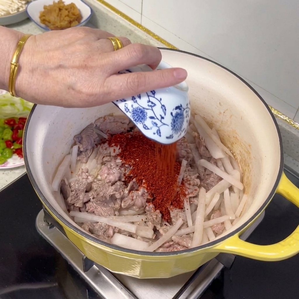 鍋の中の牛肉と大根に粉唐辛子をふりかけ、混ぜ合わせている様子。