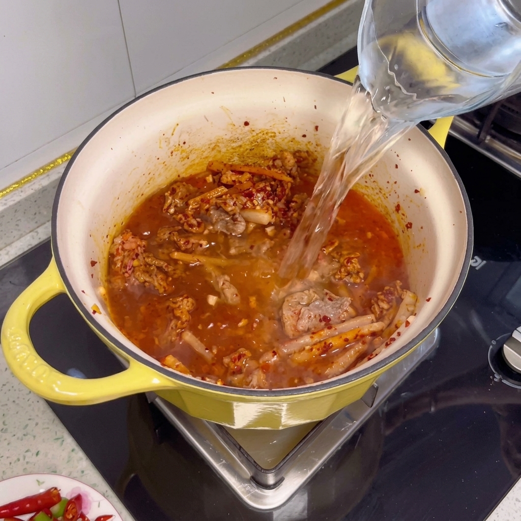炒めた牛肉と調味料が入った鍋に水を注いでいる様子。