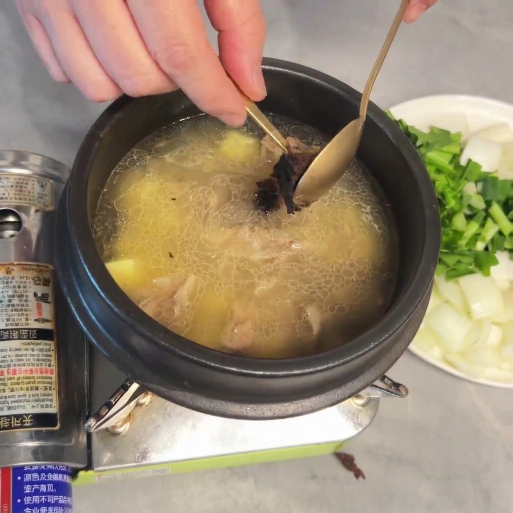 グツグツ煮えるスープに、スプーン一杯の味噌を溶かしている様子。