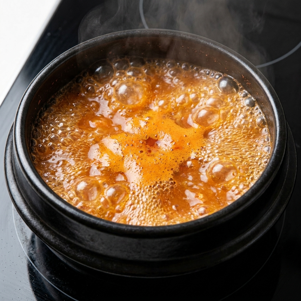 鍋の中の炒めた味噌に、水を注ぎ入れている様子。
