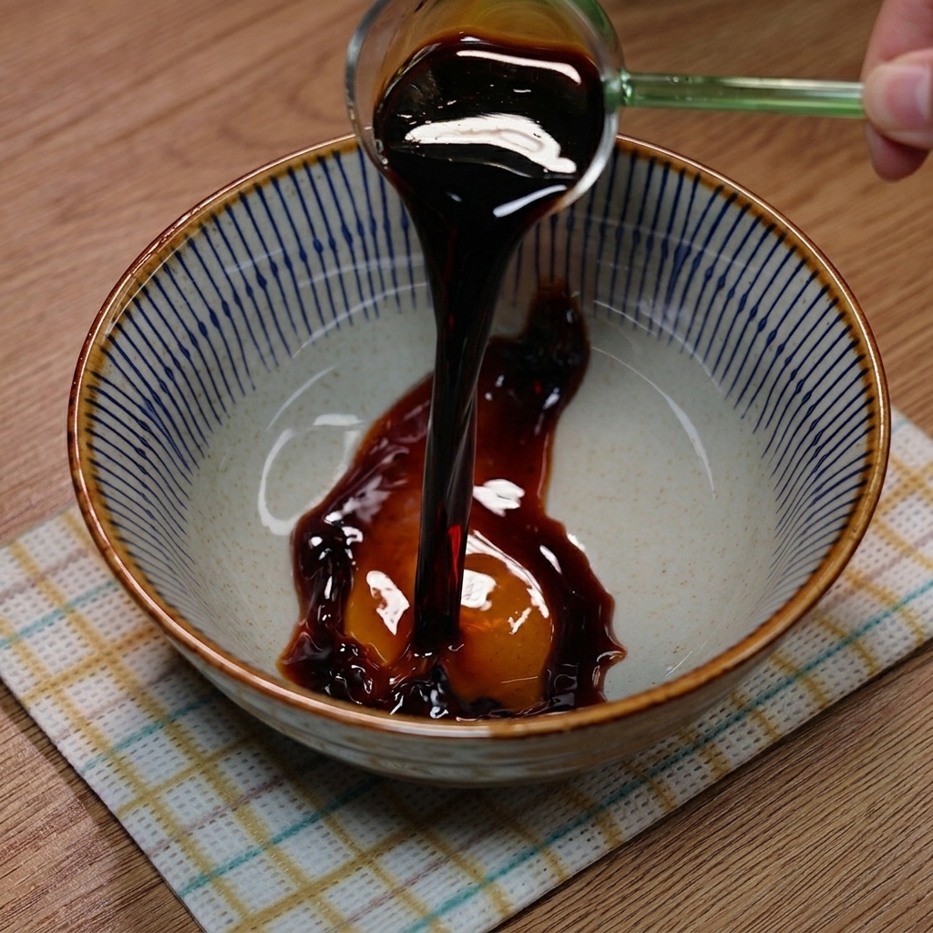 ボウルの中で醤油、オイスターソース、唐辛子、ごま、砂糖を混ぜ合わせている様子。