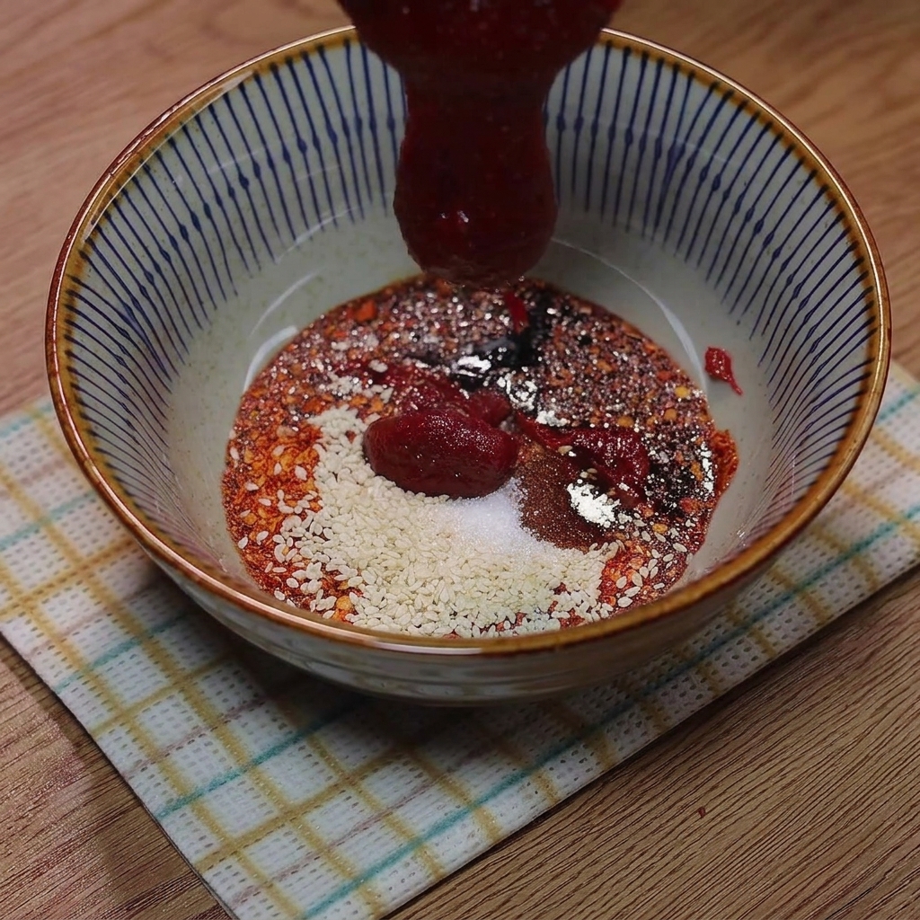 調味料のボウルにコチュジャンと水を加え、混ぜている様子。