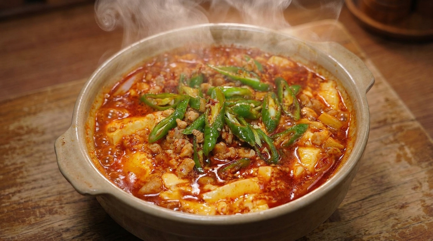 豚ひき肉とたっぷりの豆腐、青唐辛子が彩る、土鍋で熱々に煮込まれたスンドゥブチゲ。