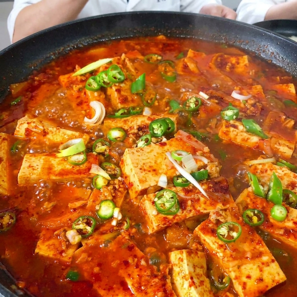 スライスした玉ねぎと豆腐を鍋に入れている様子。