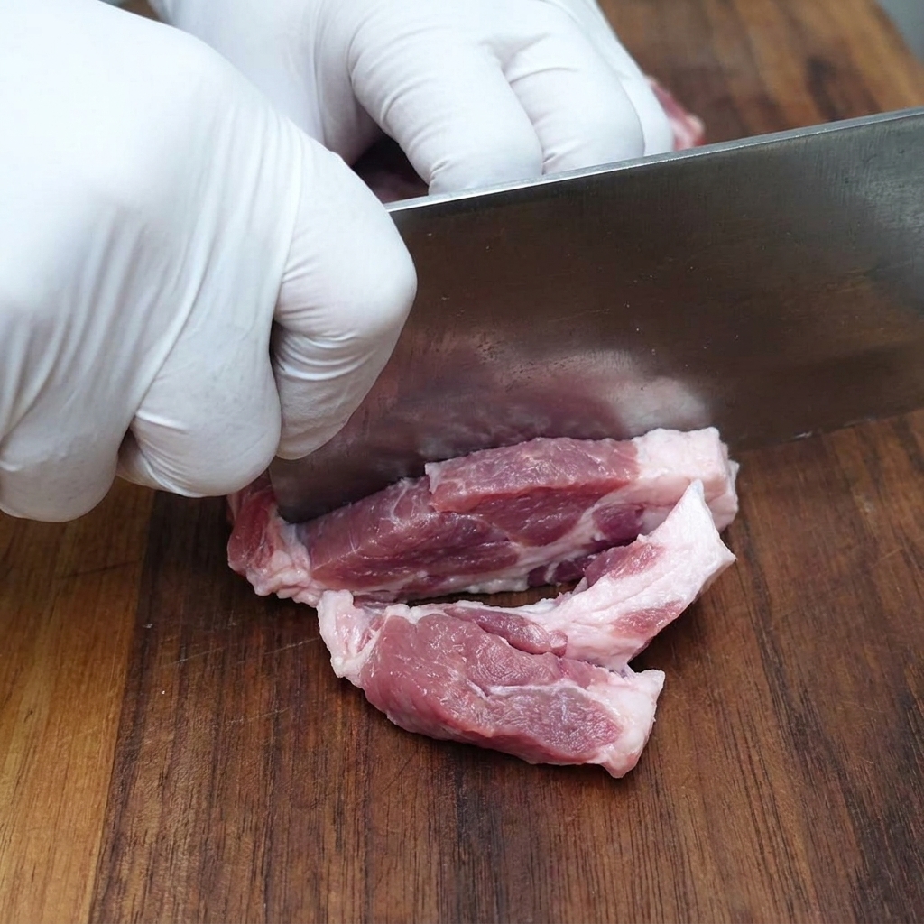 まな板の上で豚肩ロース肉を一口大に切っている様子。