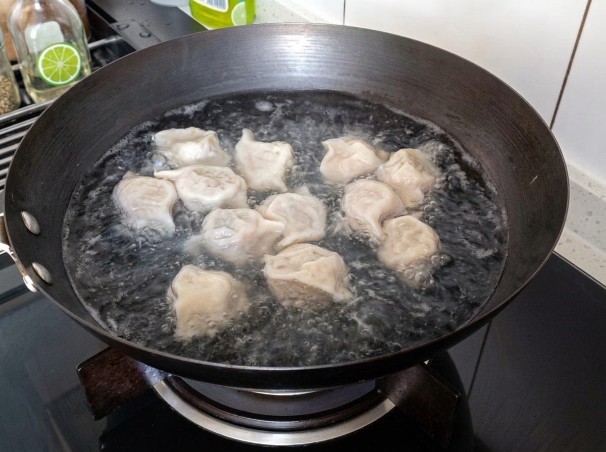 餃子を茹でている鍋に豆腐を投入している様子