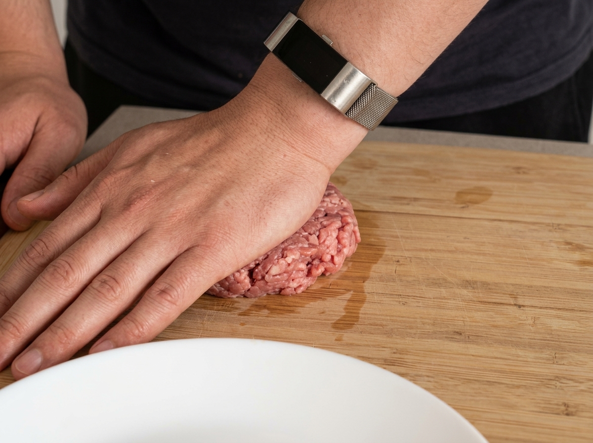 木のまな板の上で、手のひらで生の肉団子を平らに押しつぶしてパティの形を作っている様子。