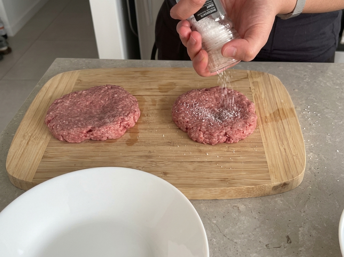 木の板の上に置かれた生の牛肉パティに、挽きたての黒こしょうをかけている手。