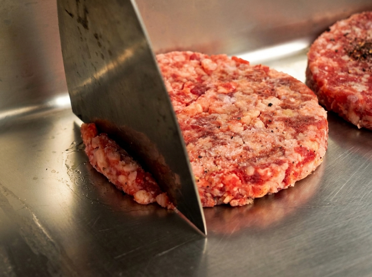 金属製の容器の中で、フラットなヘラを使って生肉を混ぜている様子。