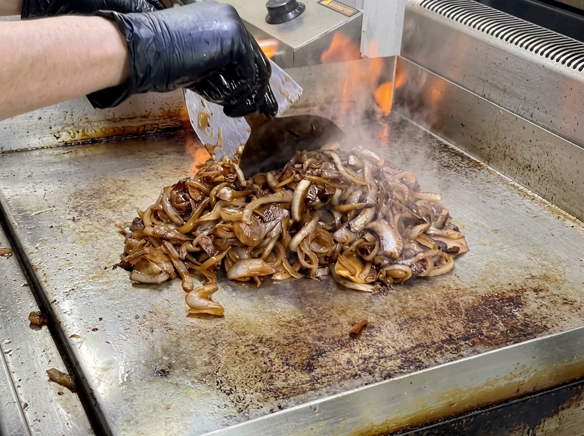 飴色に輝く玉ねぎをヘラでかき混ぜている様子。