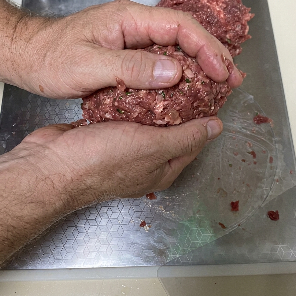 味付けした肉ダネを丸くパティ状に形を整えている様子。