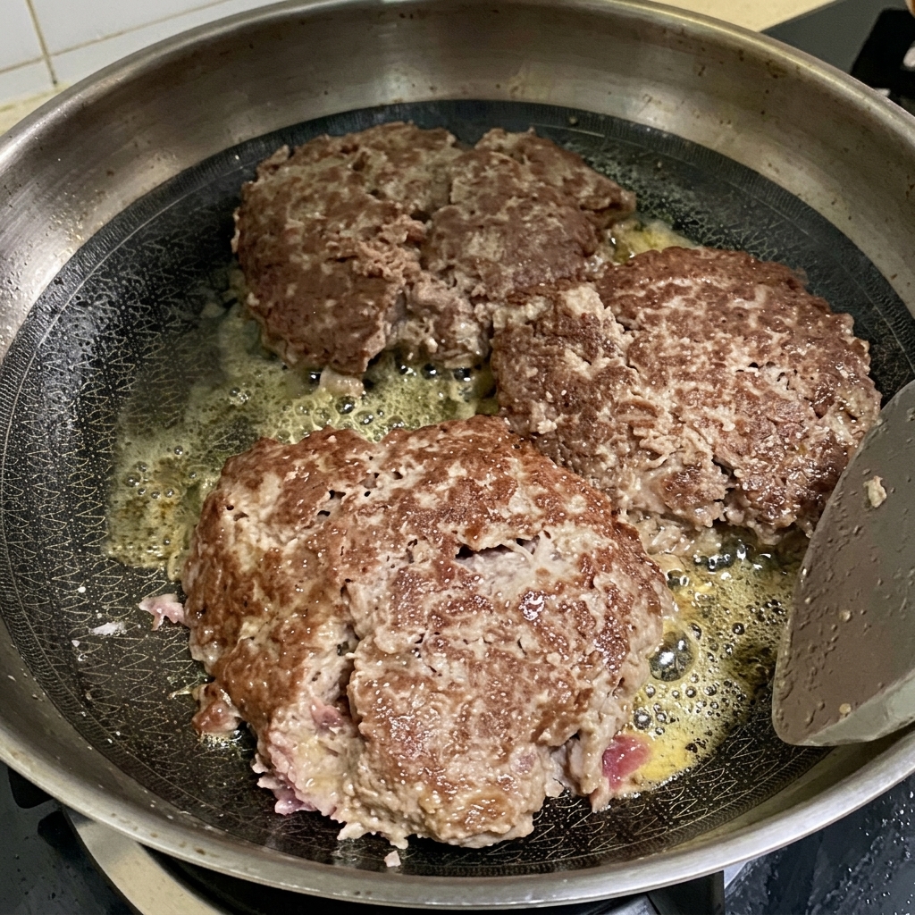 フライパンで焼いたパティの上にスライスチーズがのっている様子。
