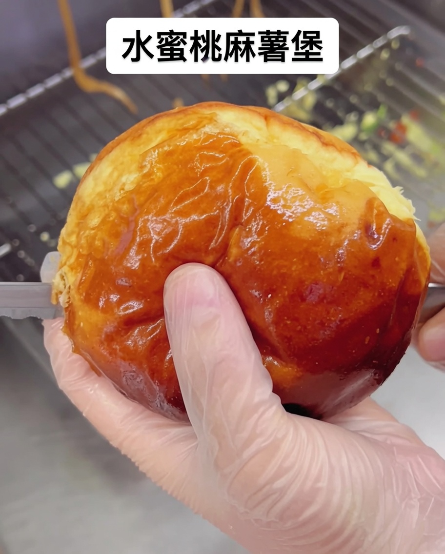 鉄板の上で、ビーフパティとバンズを同時に焼いている様子。