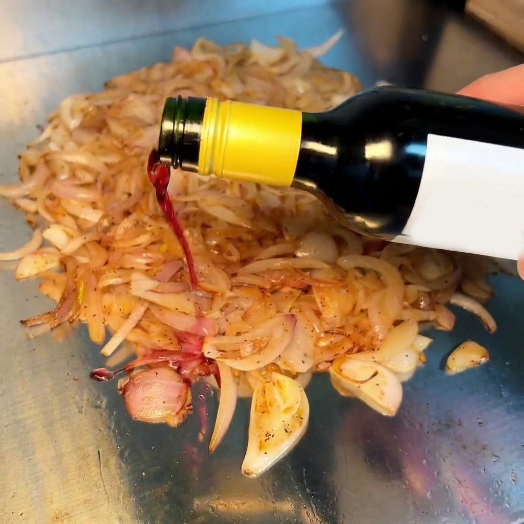 熱い鉄板の上のキャラメリゼオニオンに赤ワインを注ぎ、風味豊かなソースを作っている様子。