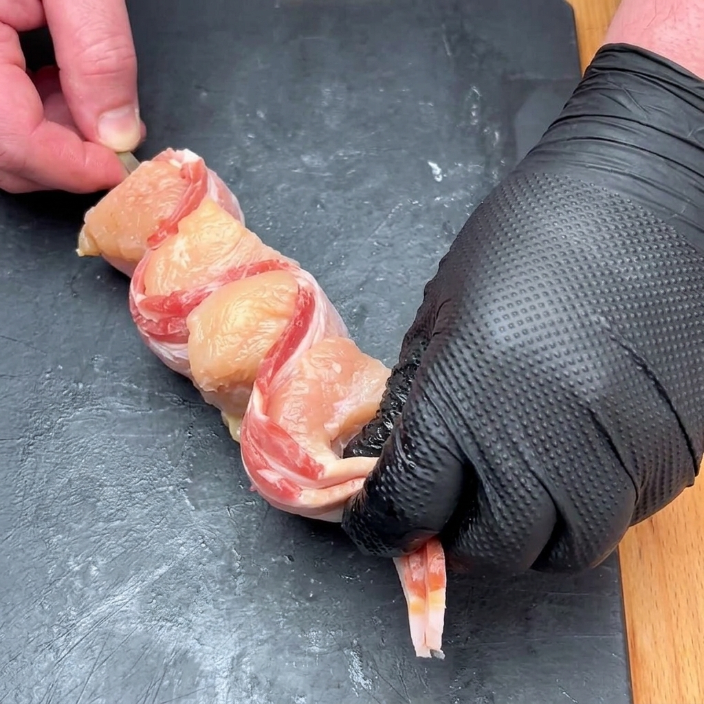 手でベーコンを鶏肉に巻きつけ、金属串に刺している様子。
