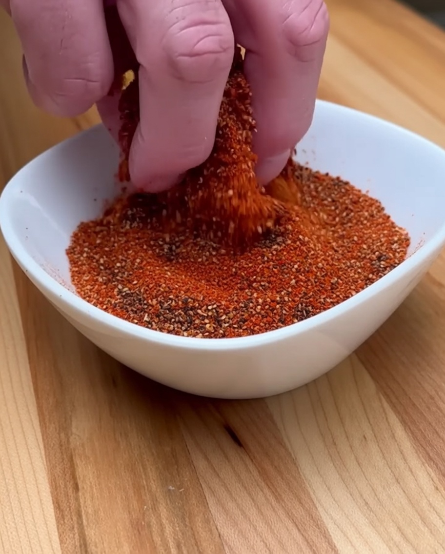 網の上に乗ったベーコン巻きチキンに、ハケで油を塗っている様子。