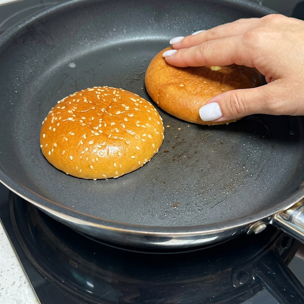 フライパンでこんがり焼かれているバンズ。