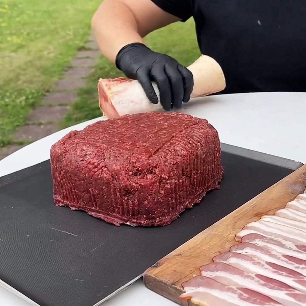 黒いマットの上に置かれた四角い牛挽肉の塊の中心に、牛骨が埋め込まれている様子。