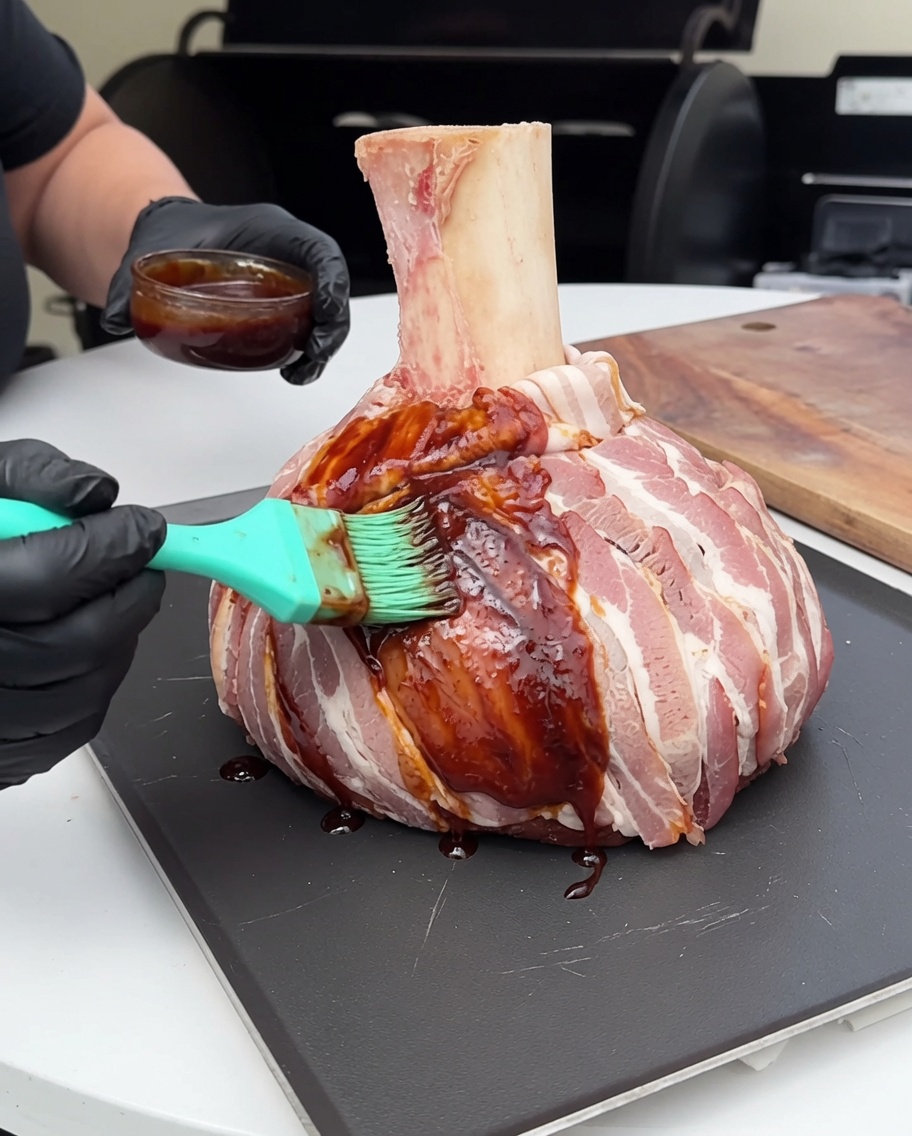 ベーコンで包まれた牛肉に、シリコンブラシで濃い茶色のバーベキューソースを塗っている様子。
